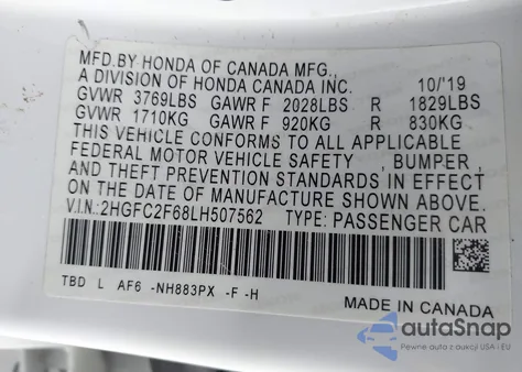 2020 Honda Civic Lx из США, поврежденный, VIN 2HGFC2F68LH507562